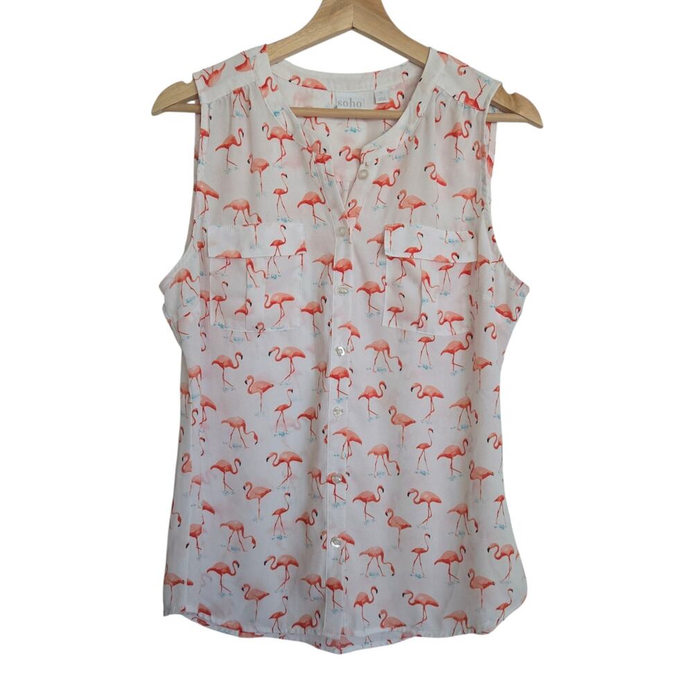 Soho Flamingo All-Over Print Sleeveless Lightweight Blouse Office Preppy MEDIUM